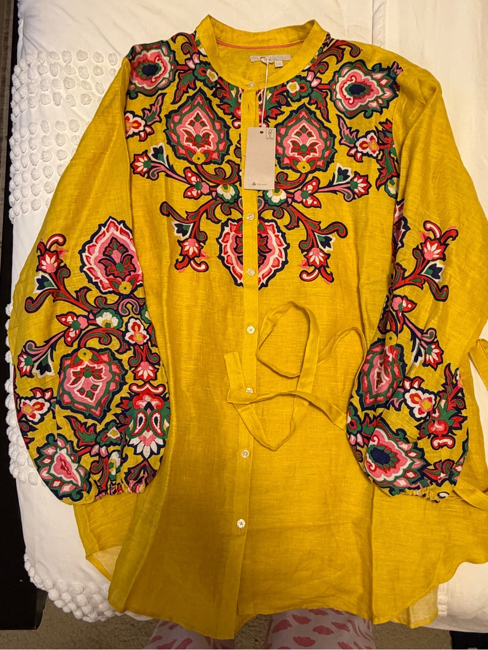 Boden Embroidered Mustard Button-Front Women’s Tunic Top